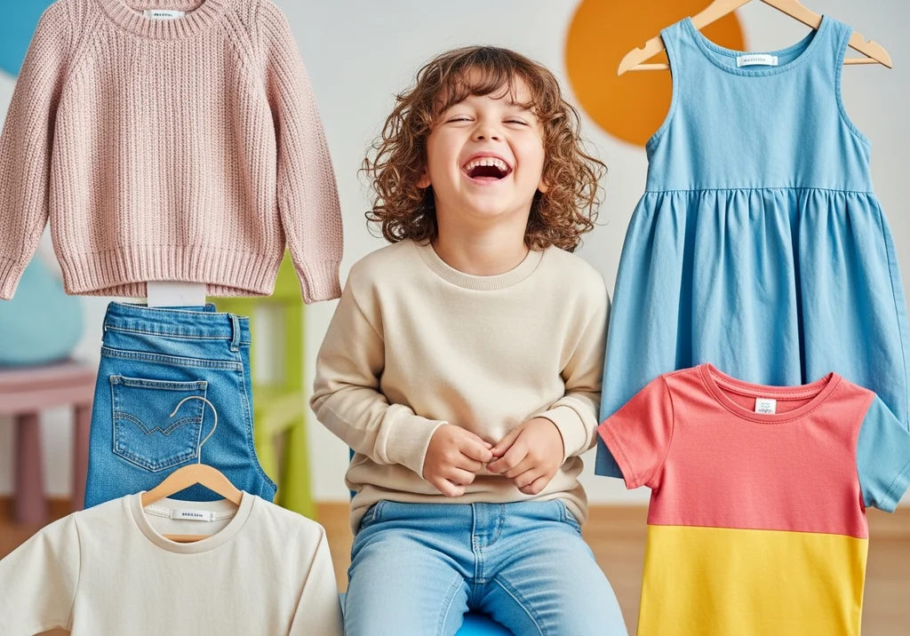 Uśmiechnięte dziecko w pastelowych ubraniach na tle kolekcji odzieży dziecięcej.