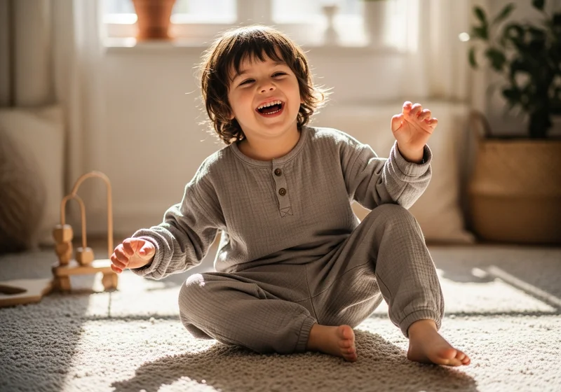 Uśmiechnięty chłopiec w szarym dresie bawi się koralikami na dywanie.