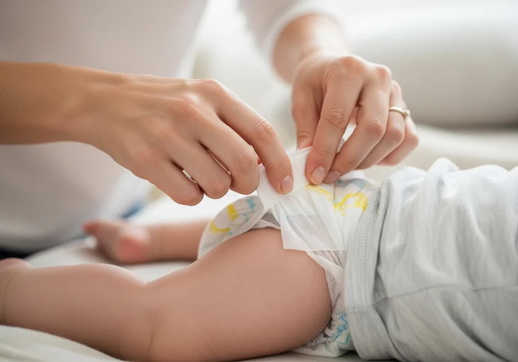 Ręce zapinają pieluszkę dziecku.