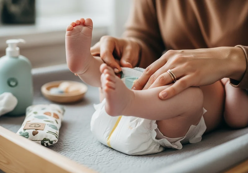 Dłoń mamy zakłada pieluchę kilkumiesięcznemu chłopcu.