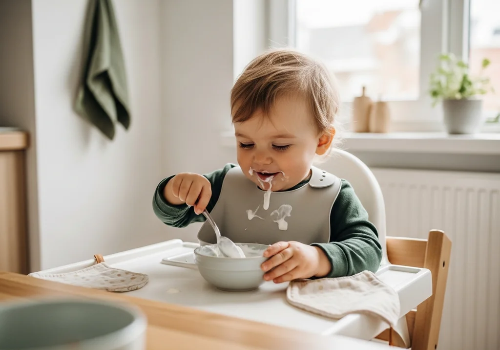 Roczne dziecko w śliniaku je jogurt z miseczki, ubrudzone jedzeniem.