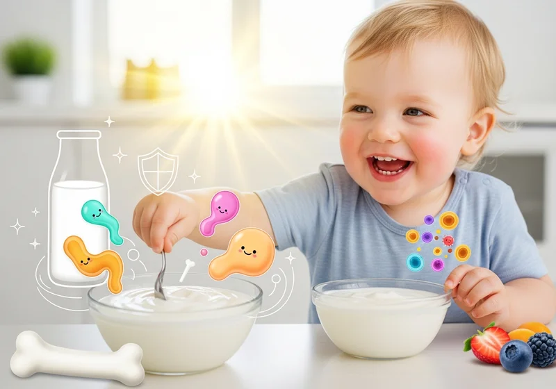 Uśmiechnięte dziecko je jogurt naturalny z animowanymi probiotykami i owocami.