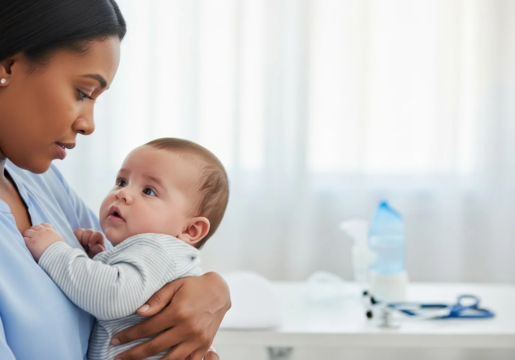 Mama w niebieskiej bluzce przytula dziecko w paski, w tle sprzęt medyczny.