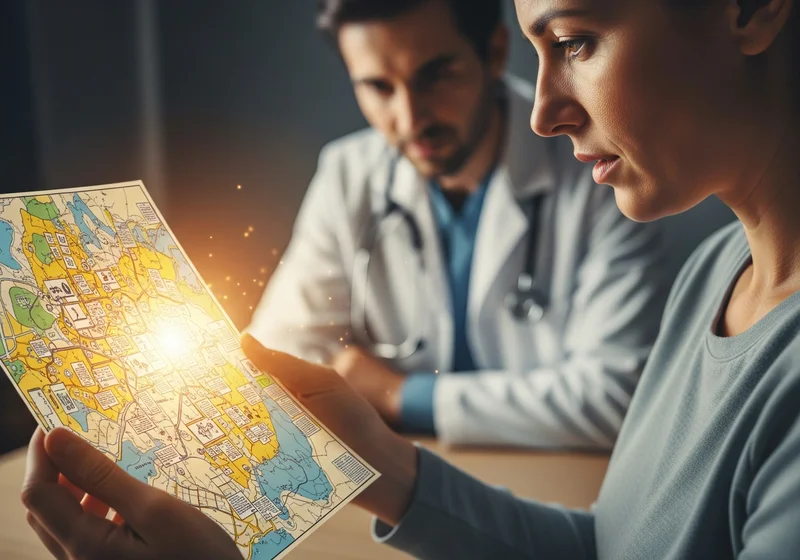 Kobieta i lekarz analizują mapę z zaleceniami, symbolizującą ścieżkę leczenia.