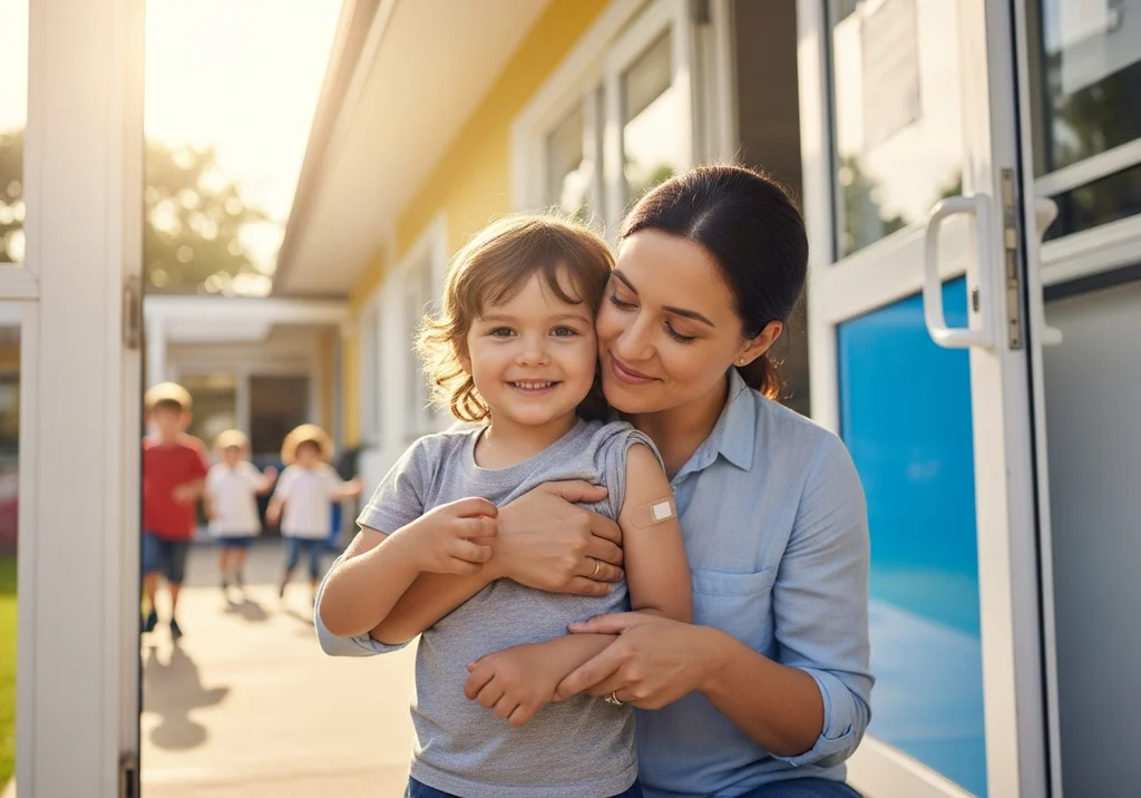 Kobieta przytula dziecko po szczepieniu przed budynkiem przedszkola.