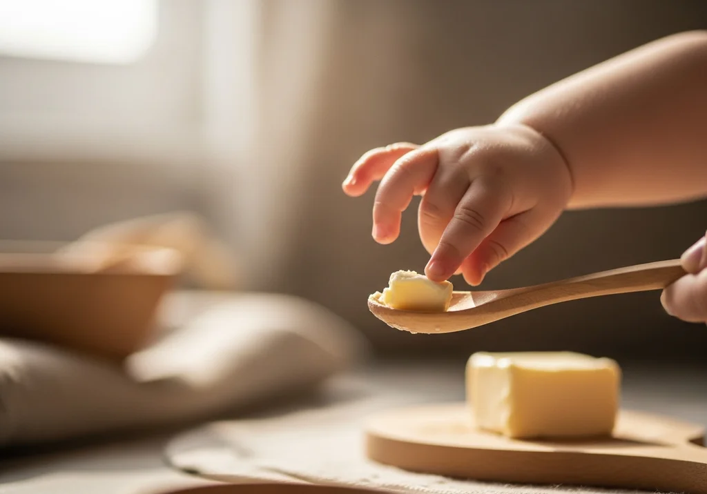 Niemowlęcy palec dotyka kawałka masła na drewnianej łyżce.