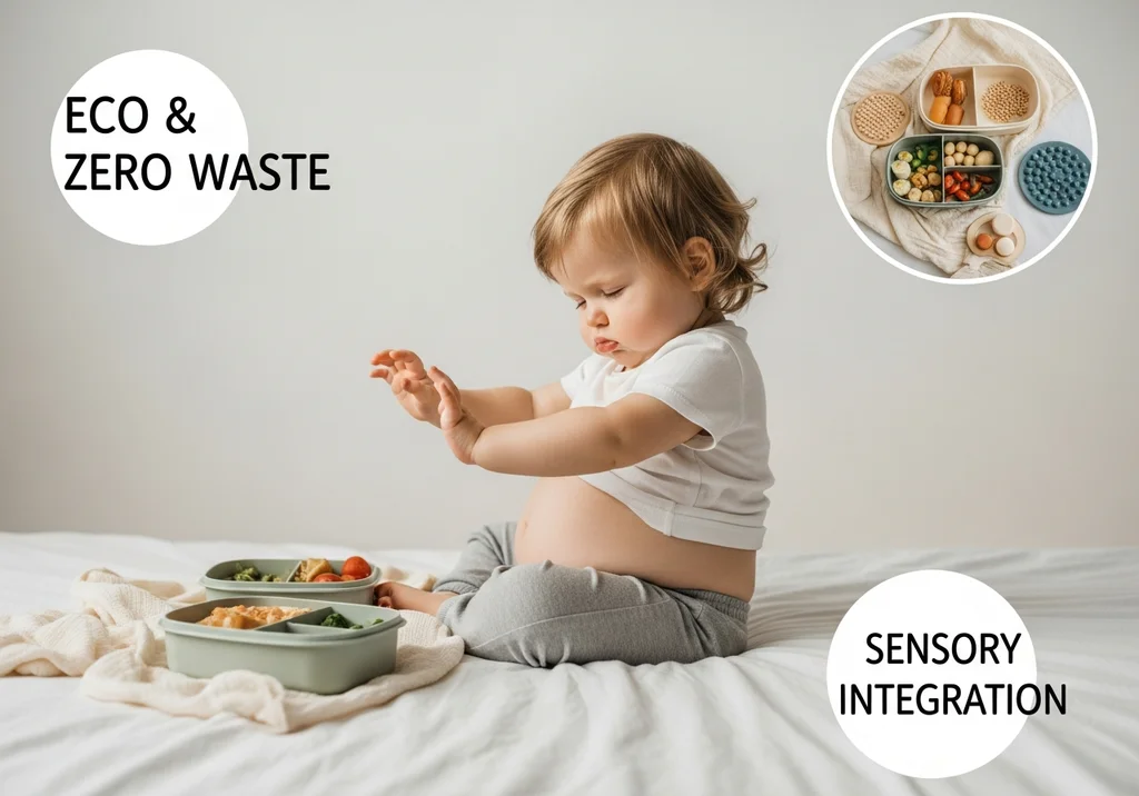 Dziecko bawi się jedzeniem z pojemnika, obok napis "ECO & ZERO WASTE" i "SENSORY INTEGRATION".