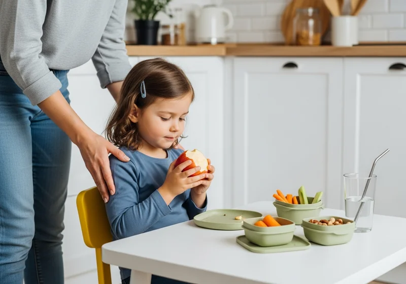 Dziecko je jabłko przy stole z przekąskami, z ręką rodzica na ramieniu.