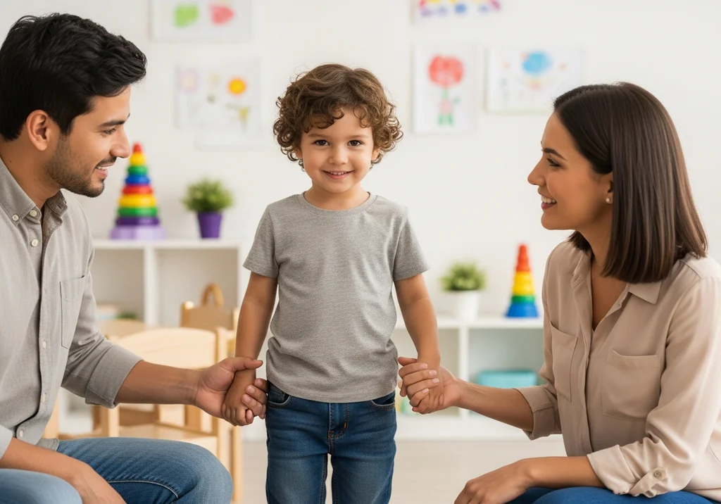 Rodzice trzymają za ręce uśmiechnięte dziecko w przedszkolu.