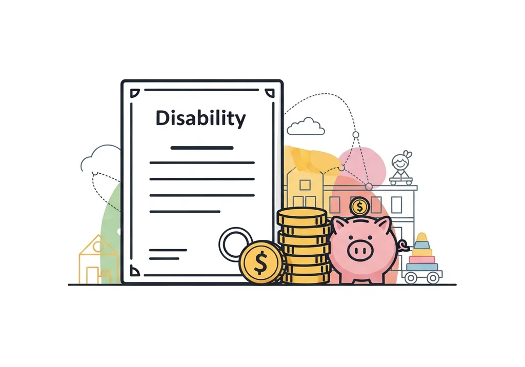 Orzeczenie o niepełnosprawności, skarbonka, monety i dziecięce budowle.