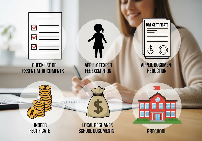 Ikony ilustrujące dokumenty i formalności związane ze zwolnieniem z opłat za przedszkole.