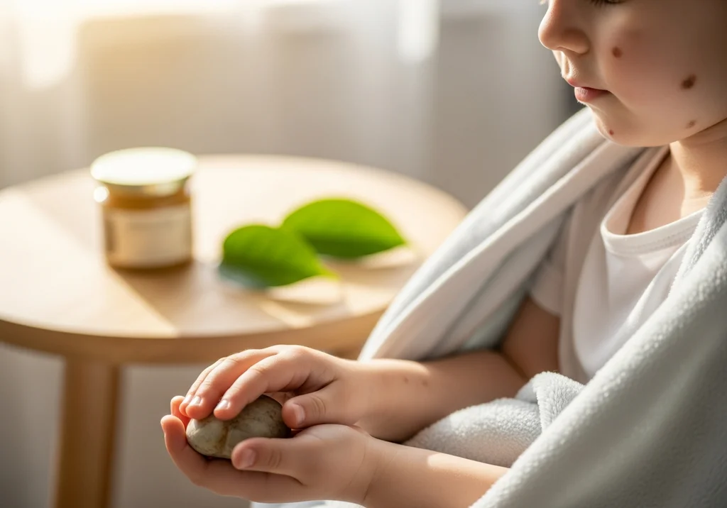 Dziecko z ospą trzyma kamyk, na stole obok słoiczek i liście.