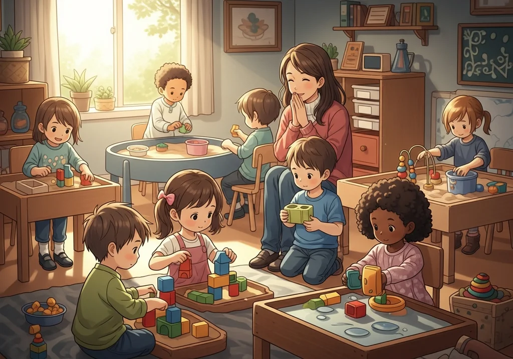 Dzieci bawią się klockami i piaskiem w przedszkolu pod okiem nauczycielki.