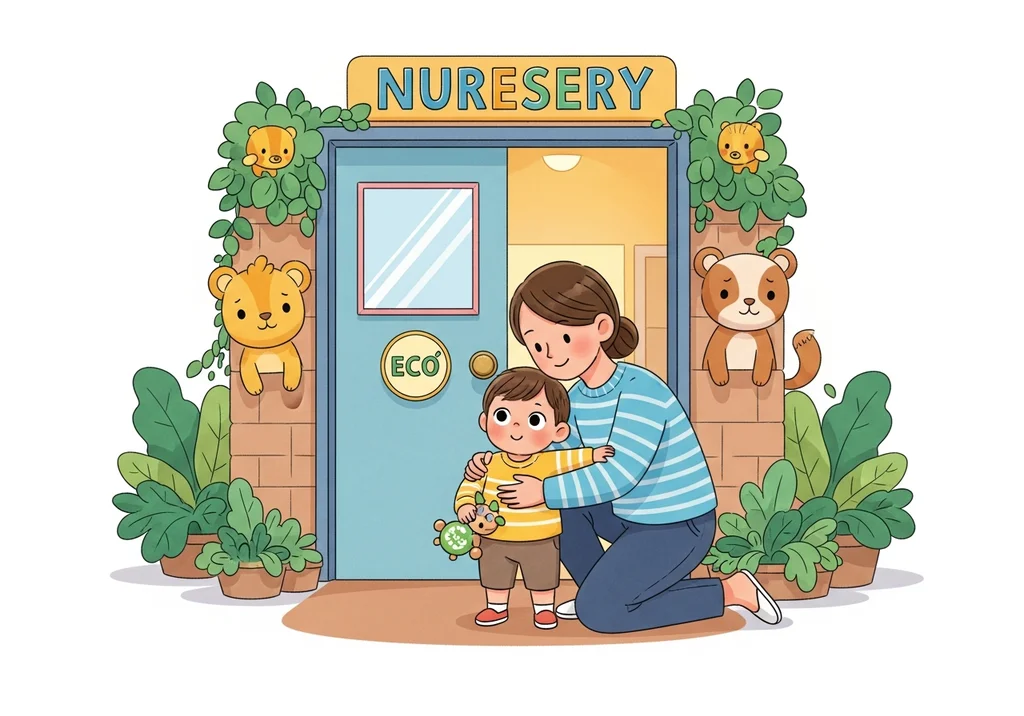 Ilustracja przedstawia matkę z synkiem przy drzwiach żłobka z napisem "NURESERY" i przyjaznymi misiami.
