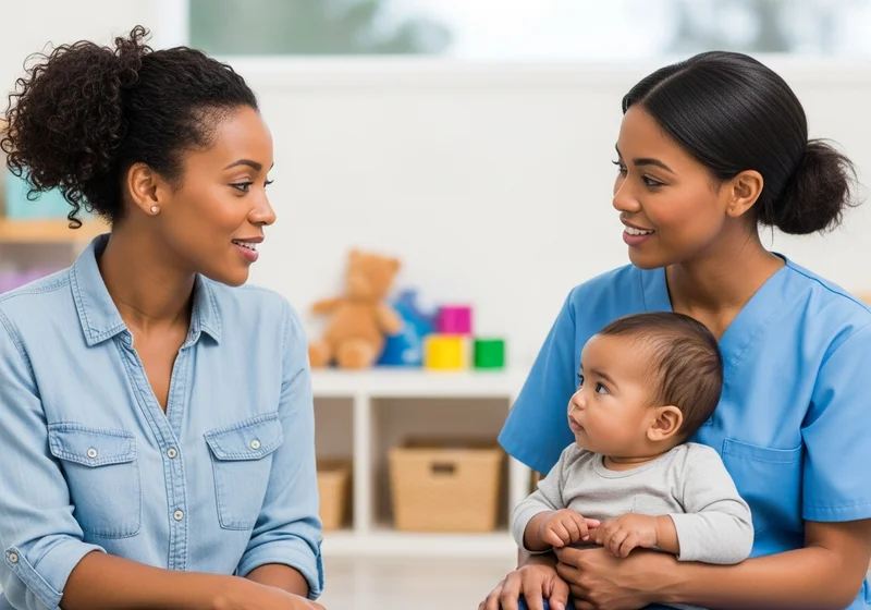 Opiekunka i matka rozmawiają, podczas gdy opiekunka trzyma dziecko.