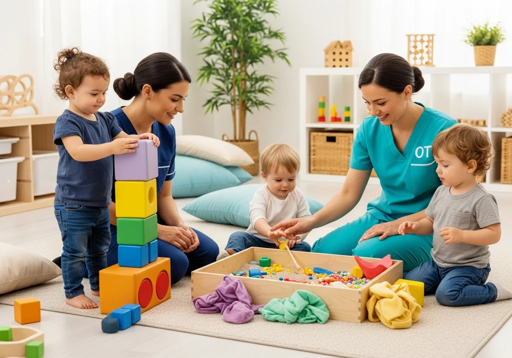 Terapeuta zajęciowy bawi się klockami z dziećmi w przedszkolu.