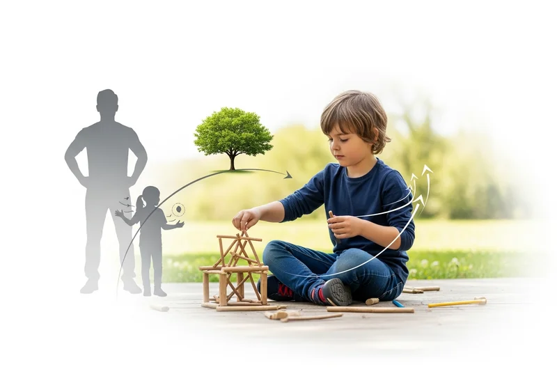 Chłopiec buduje z drewna, symbolizując rozwój i samodzielność.