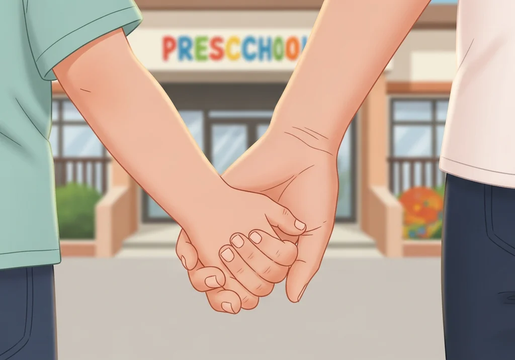 Dłoń dorosłego i dziecka trzymają się na tle budynku przedszkola.