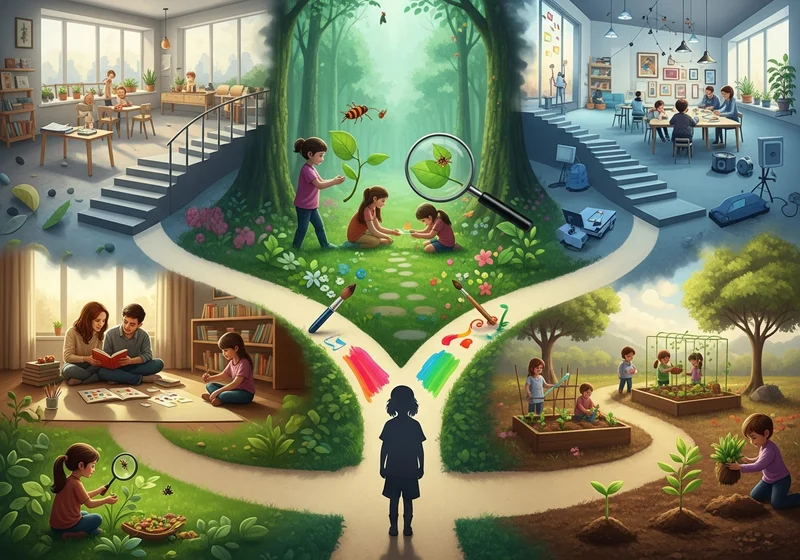 Dziecko na rozdrożu ścieżek edukacyjnych: las, domowa nauka, przedszkole ogrodnicze.