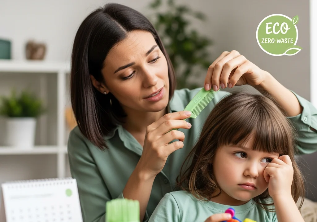 Mama czesze dziecko z widocznymi wszami, przypominając o ekologicznym zerowym zużyciu.