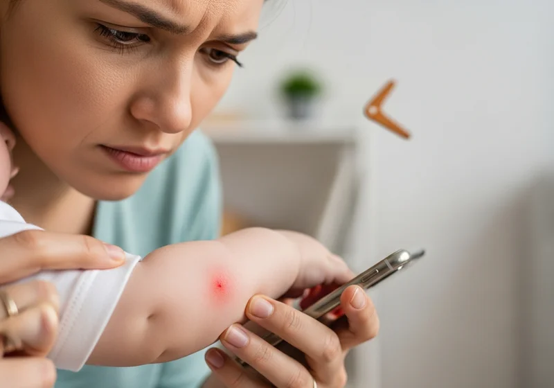 Kobieta zmartwiona przygląda się czerwonej plamce na ramieniu dziecka, trzymając telefon.
