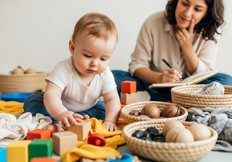 Niemowlę bawi się drewnianymi klockami, a mama w tle pisze w notatniku.