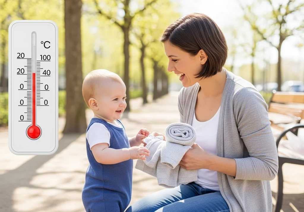 Mama i dziecko uśmiechnięte na spacerze. Termometr z boku wskazuje 22°C.
