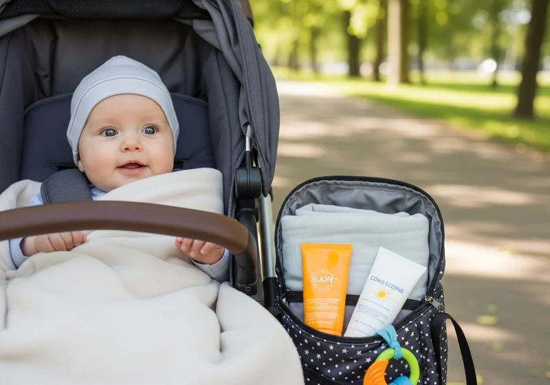 Uśmiechnięte niemowlę w czapeczce i kocu w wózku. Obok torba z kremami z filtrem na spacer.