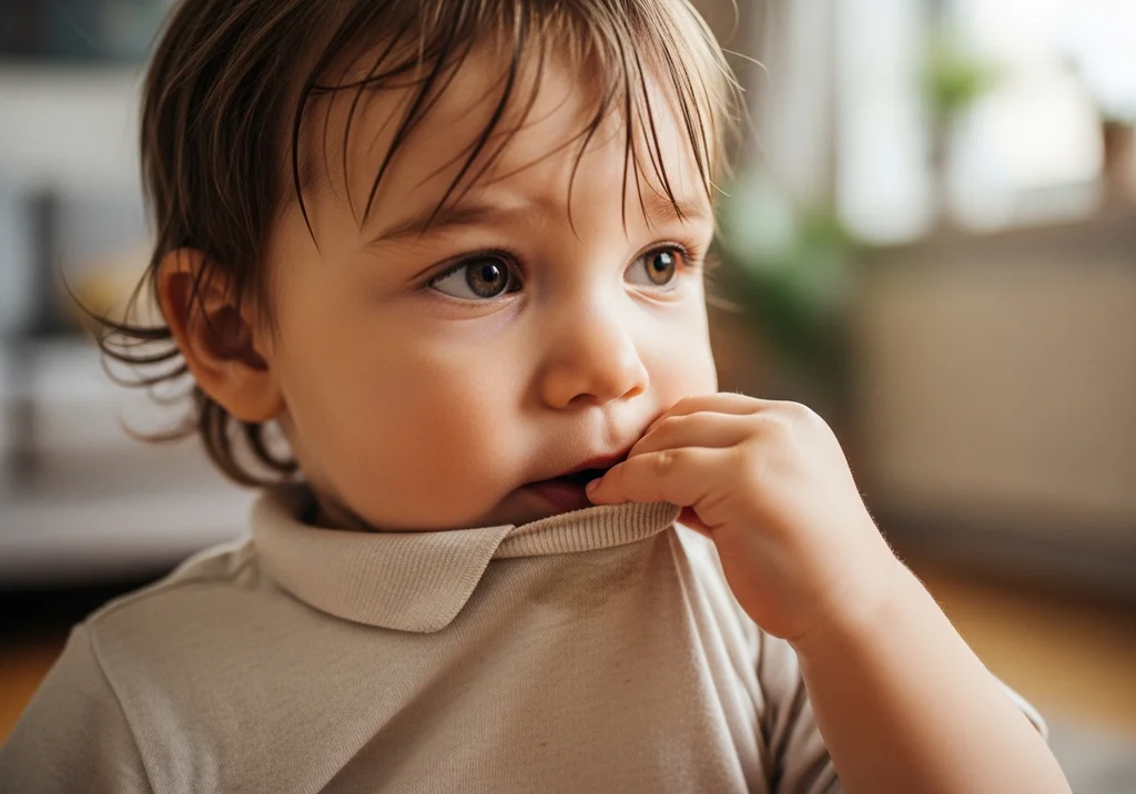 Dziecko gryzie kołnierzyk koszulki, ma zamyślony wyraz twarzy.