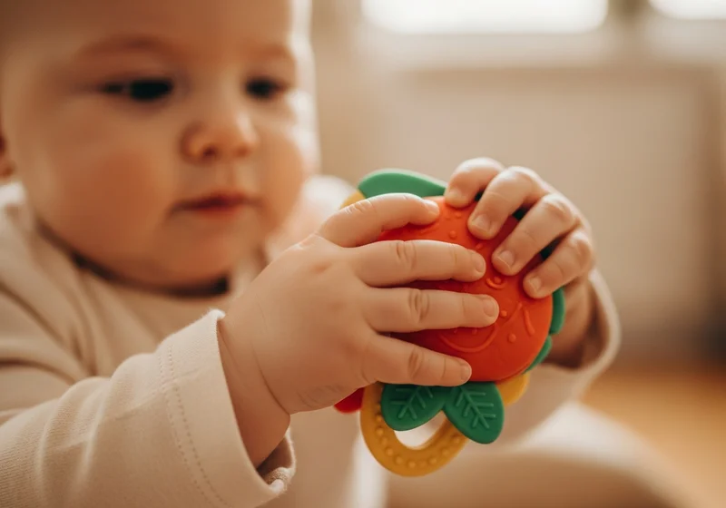 Malutkie rączki dziecka chwytają teksturowany, czerwony gryzak w kształcie owocu.