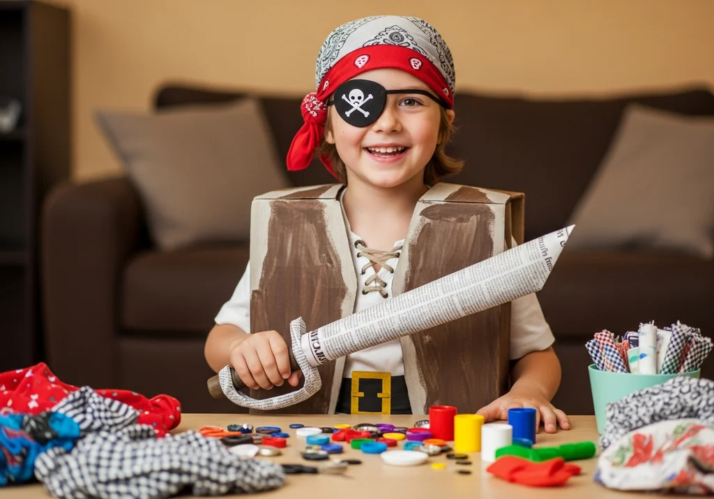 Wesoły pirat-dziecko w opasce, tekturowej kamizelce i z mieczem z papieru, przy akcesoriach DIY.
