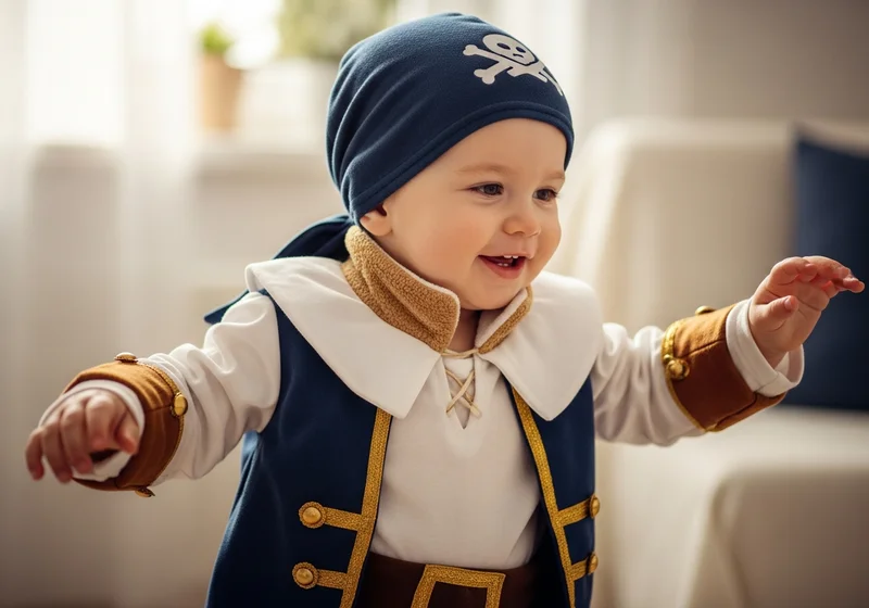 Szczęśliwy maluch w wygodnym stroju pirata z bandaną z czaszką i miękkim kołnierzem.