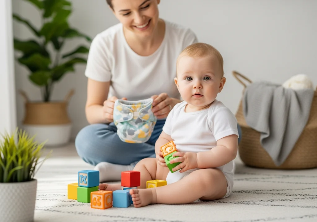 Uśmiechnięta mama trzyma pieluchę, a roczne dziecko bawi się kolorowymi klockami.