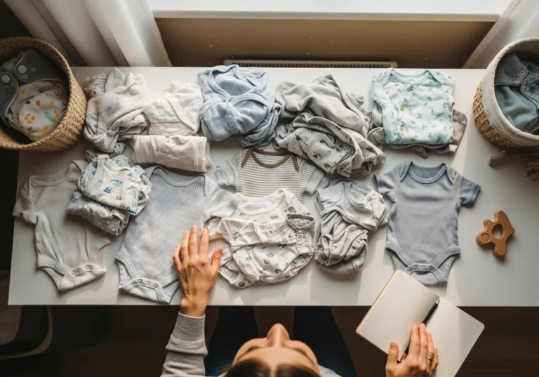 Kobieta organizująca stosy dziecięcych ubranek w neutralnych kolorach, obok otwarty notatnik.