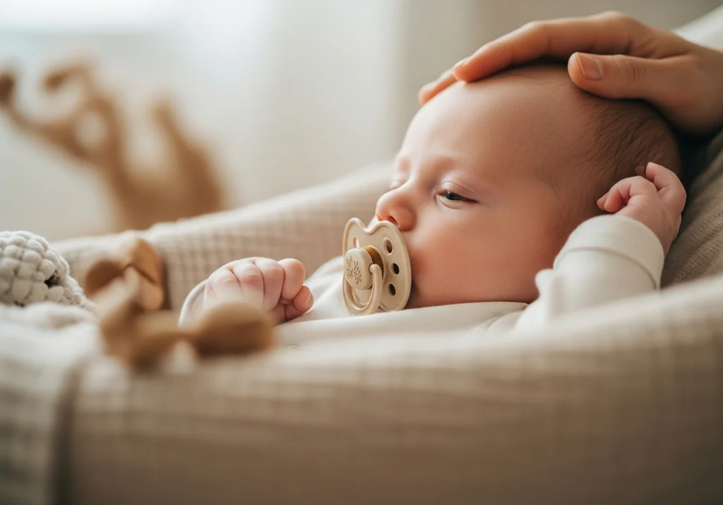 Dziecko ze smoczkiem w ustach, delikatnie głaskane przez dłoń, symbol ukojenia i bliskości.