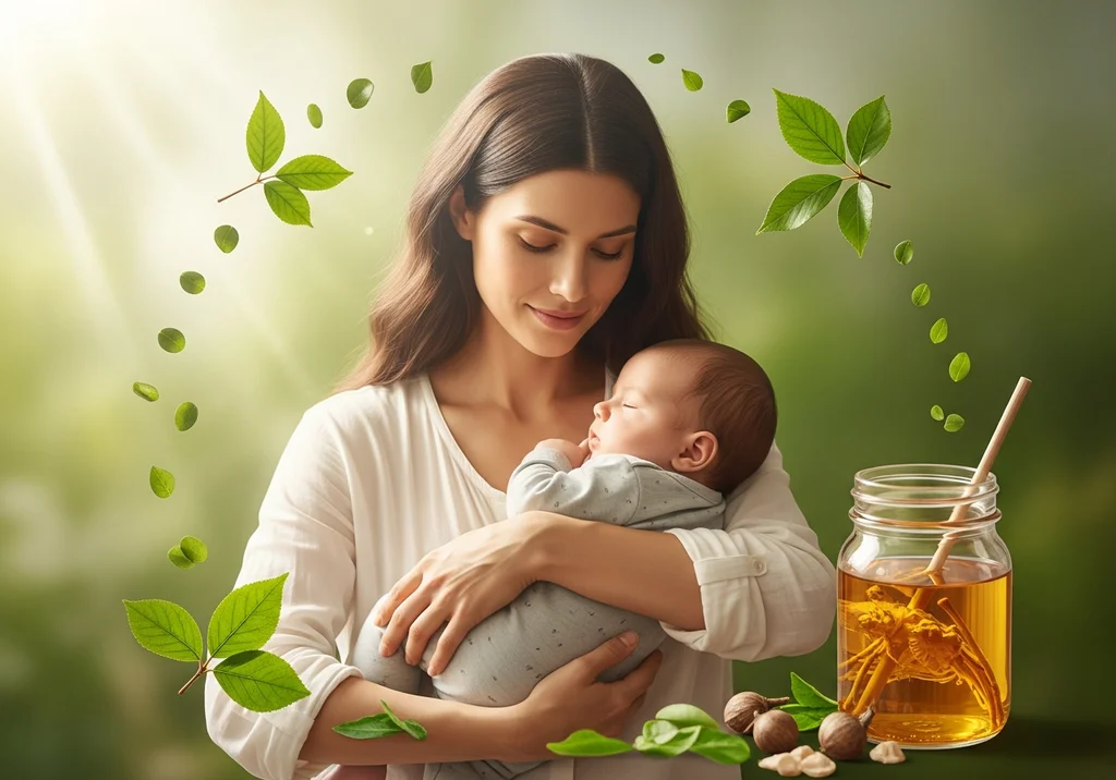 Matka tuli śpiące dziecko w otoczeniu liści, słońca i naturalnych ziół w słoiku.