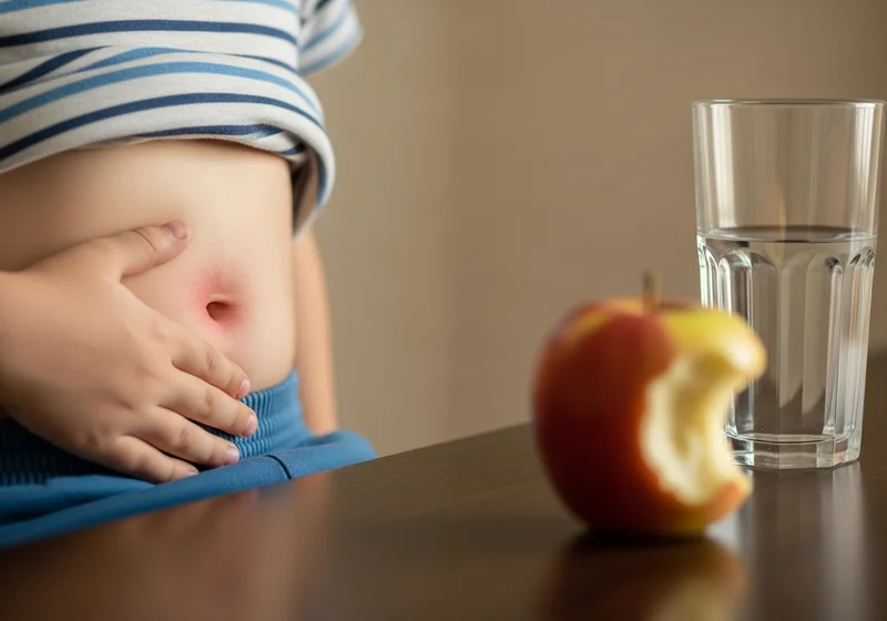 Dziecko trzyma dłoń na brzuszku z zaczerwienionym pępkiem; obok nagryzione jabłko i szklanka wody.