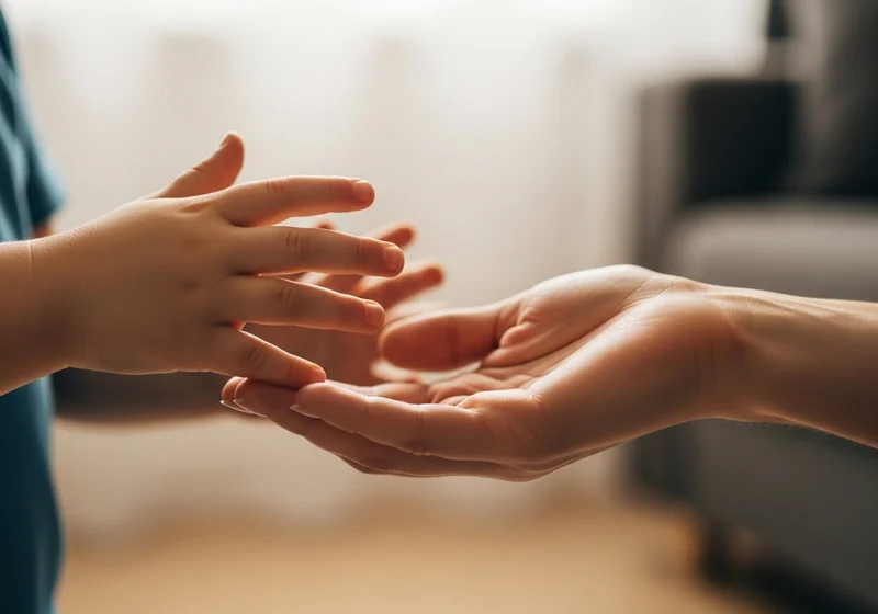 Otwarta dłoń dorosłego i małe dłonie dziecka w geście zrozumienia i wsparcia.
