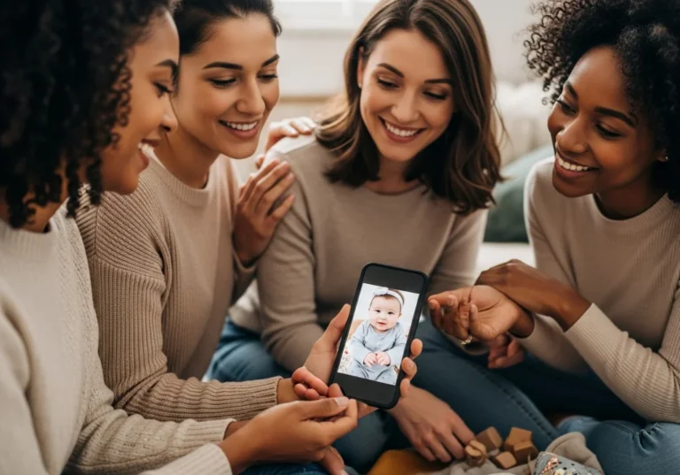 Cztery uśmiechnięte kobiety oglądają zdjęcie dziecka na telefonie.