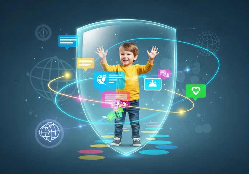Uśmiechnięte dziecko wewnątrz tarczy ochronnej otoczone ikonami komunikacji i serca.