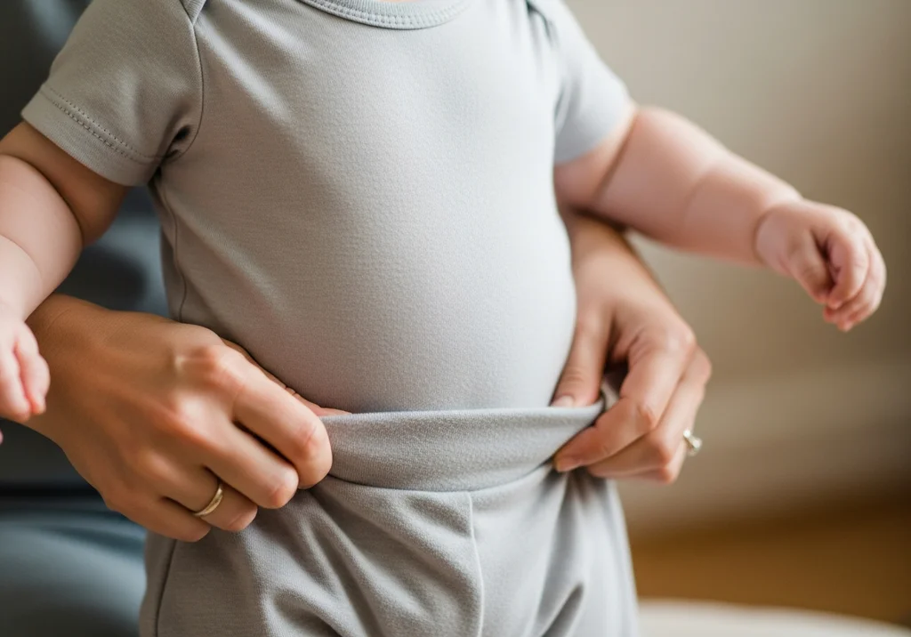 Dorosły ściąga szare spodenki z pulchnego brzuszka niemowlęcia w body.