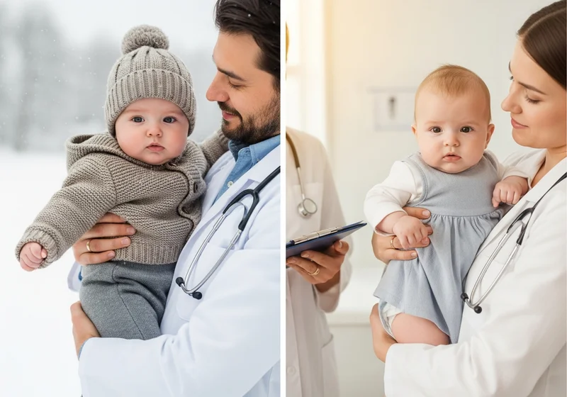 Dwoje lekarzy trzyma niemowlęta. Jedno w zimowym ubranku na śniegu, drugie w lekkim stroju w gabinecie.