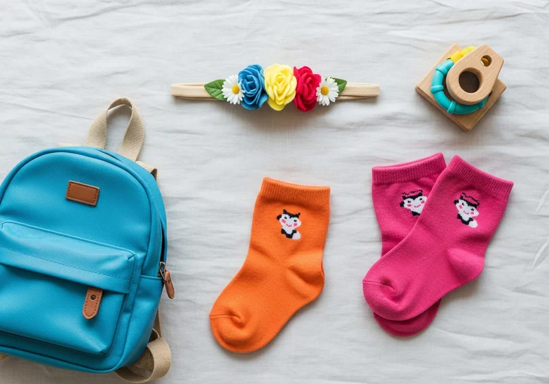 Dziecięce akcesoria: turkusowy plecak, opaska z kolorowymi kwiatkami, radosne skarpetki z postaciami.