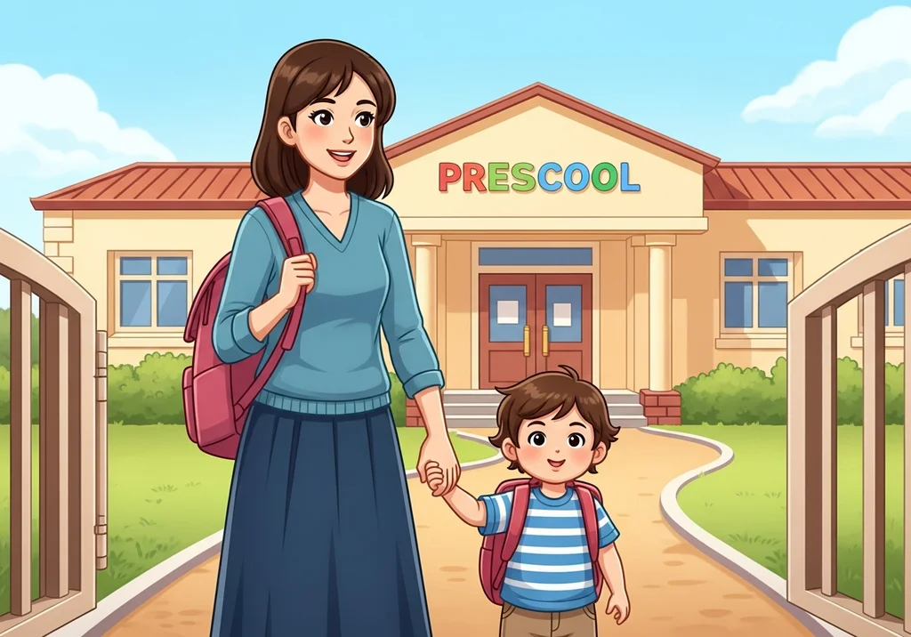 Uśmiechnięta mama z dzieckiem z plecakami idą do przedszkola "PRESCOOL".