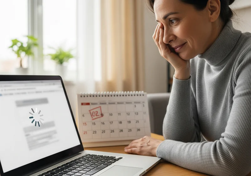 Kobieta z nadzieją i stresem czeka na wyniki rekrutacji do przedszkola, patrząc na laptopa z ładowaniem, kalendarz z datą 02.
