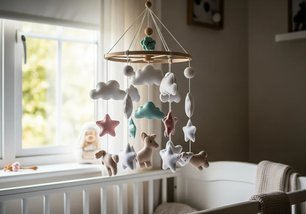 Handmade baby mobile with felt clouds, stars, and animals hanging above a white crib in a cozy nursery.