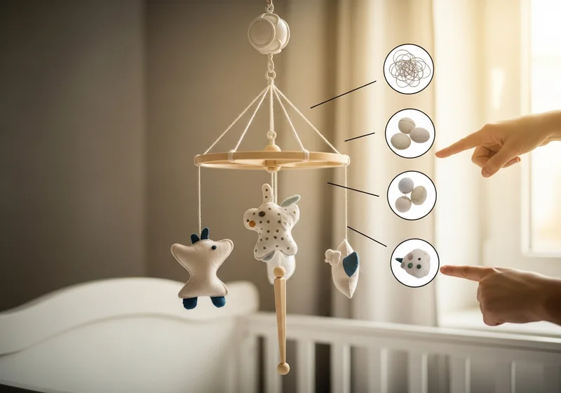 Karuzela dziecięca, dłonie wskazują na grafikę pułapek DIY: splątane sznurki i nierówne wyważenie.