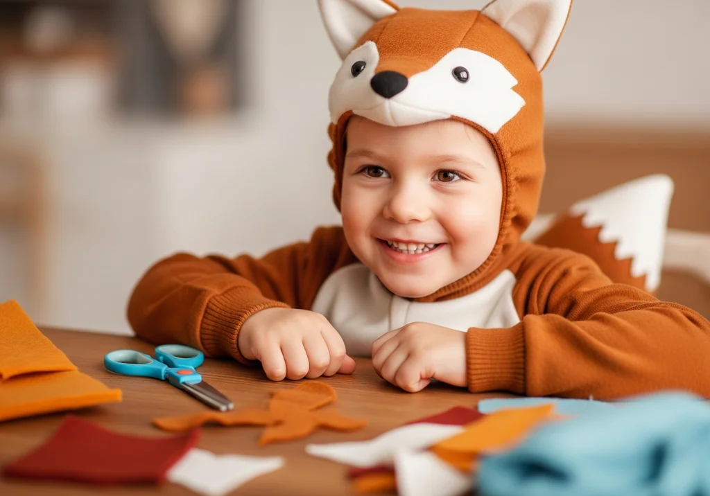 Uśmiechnięte dziecko w stroju lisa, siedzące przy stole z filcem i nożyczkami do tworzenia rękodzieła.