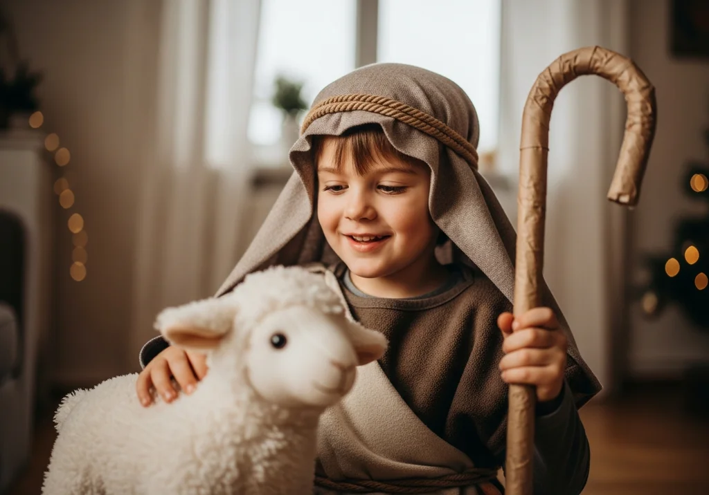 Uśmiechnięty chłopiec w stroju pasterza głaszcze pluszową owieczkę, trzymając pastorał.