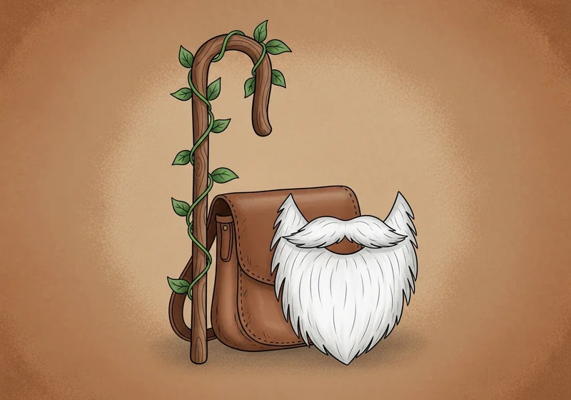 Kij pasterski owinięty liśćmi, brązowa torba i biała broda. Akcesoria do stroju pasterza.